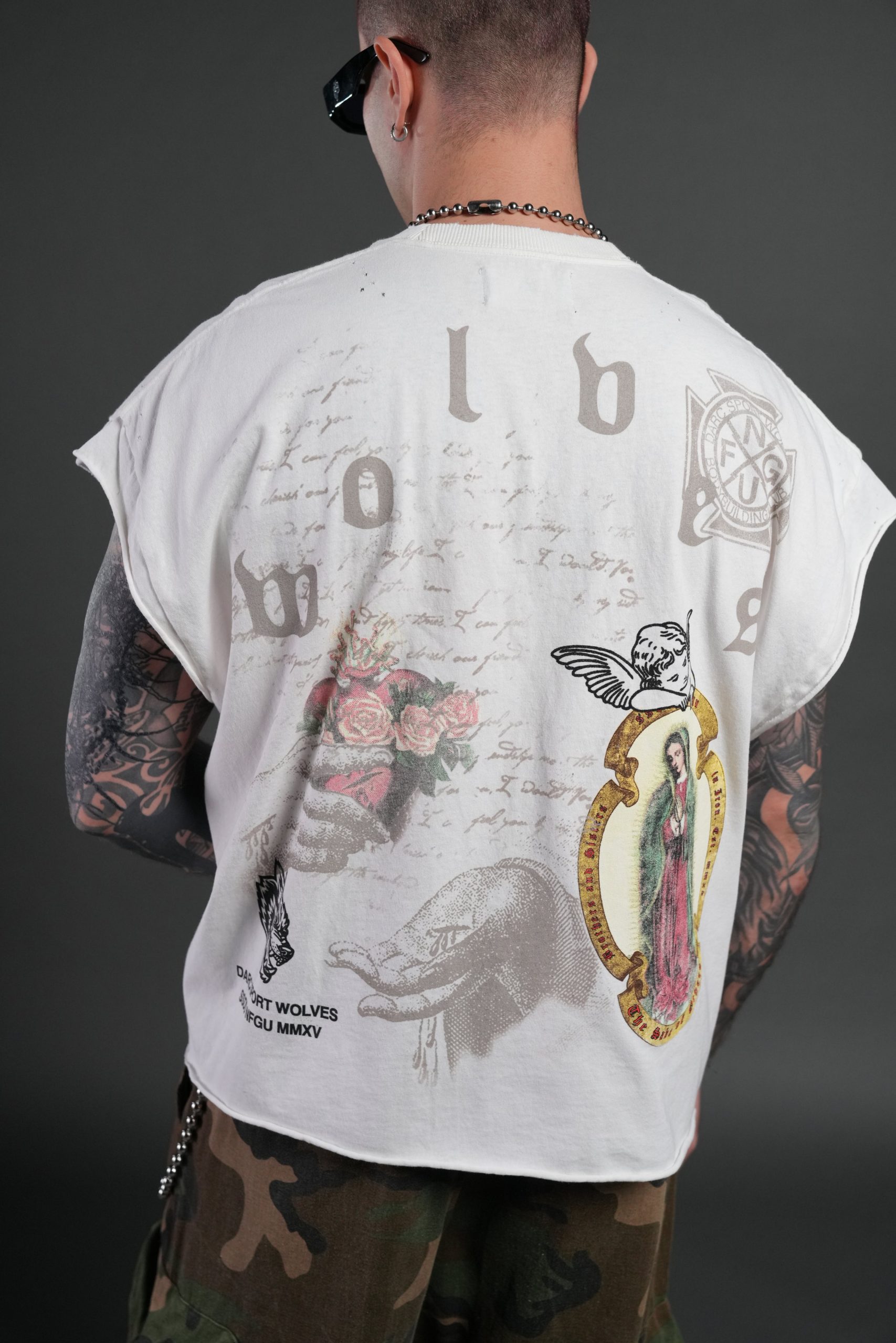 Holy Vow Distressed Grunge Cut-Off Mid-Length Raw Hem Tee in Cream - Image 6