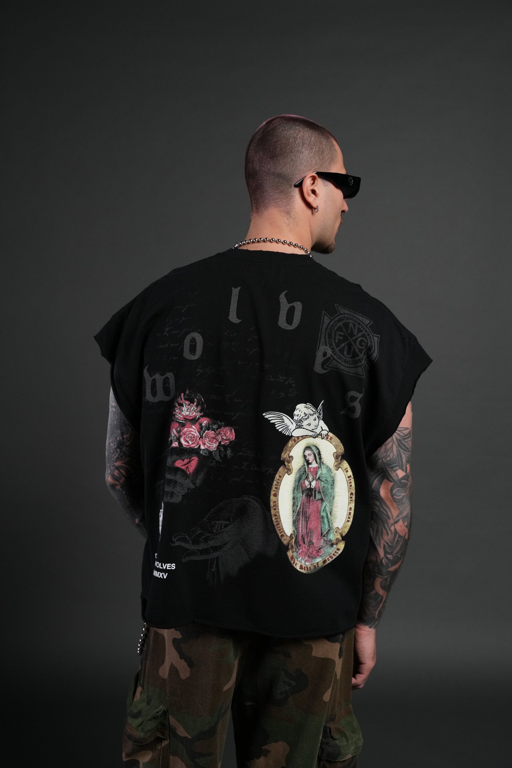Holy Vow Distressed Grunge Cut-Off Mid-Length Raw Hem Tee in Black - Image 4