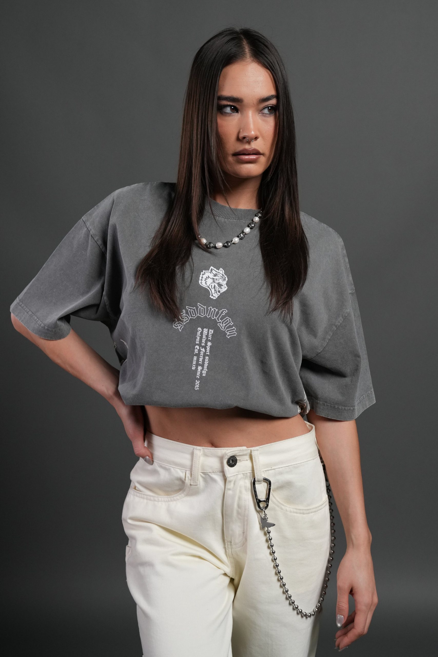 Reaper Tour Grunge Mid Length Raw Hem Tee in Slate Gray - Image 2