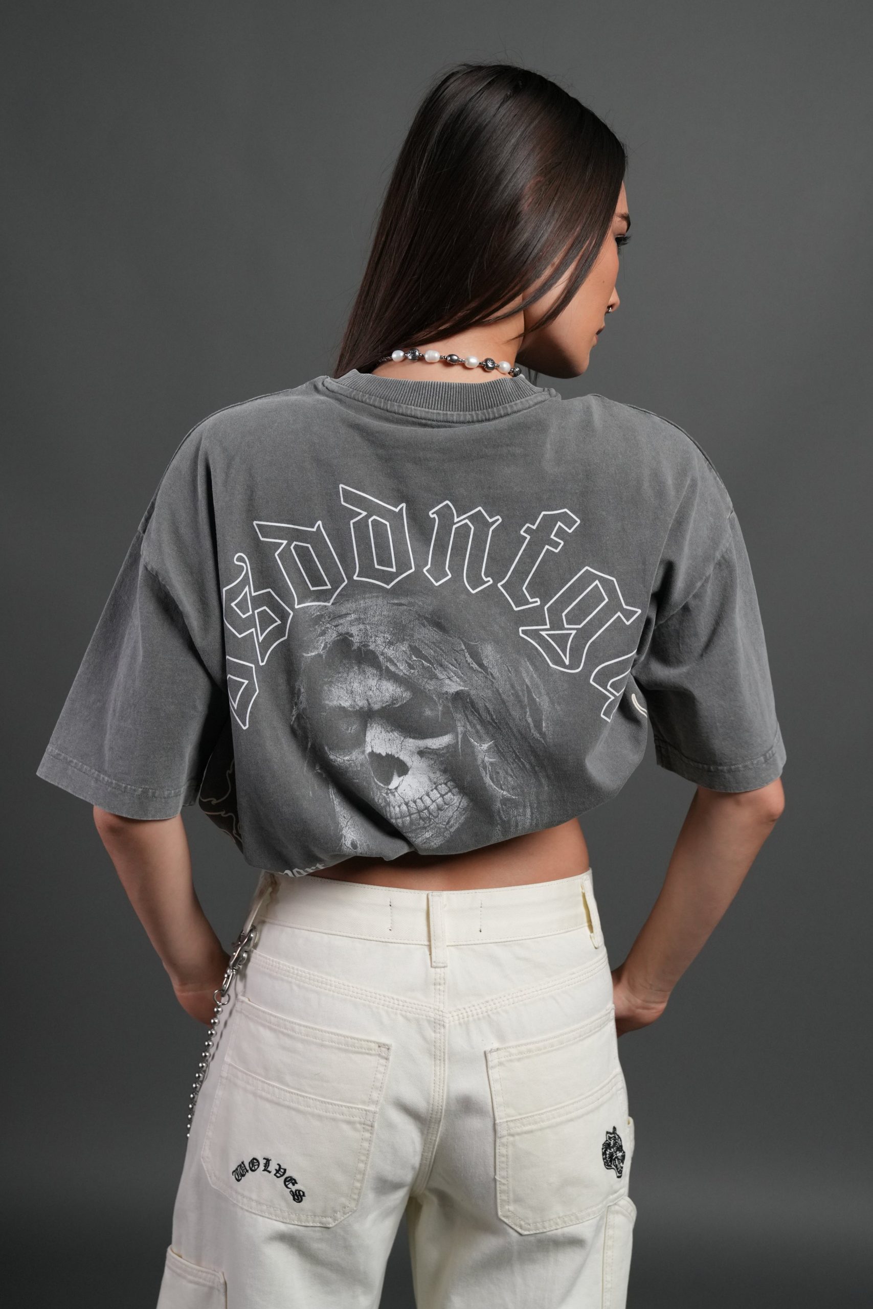 Reaper Tour Grunge Mid Length Raw Hem Tee in Slate Gray - Image 4