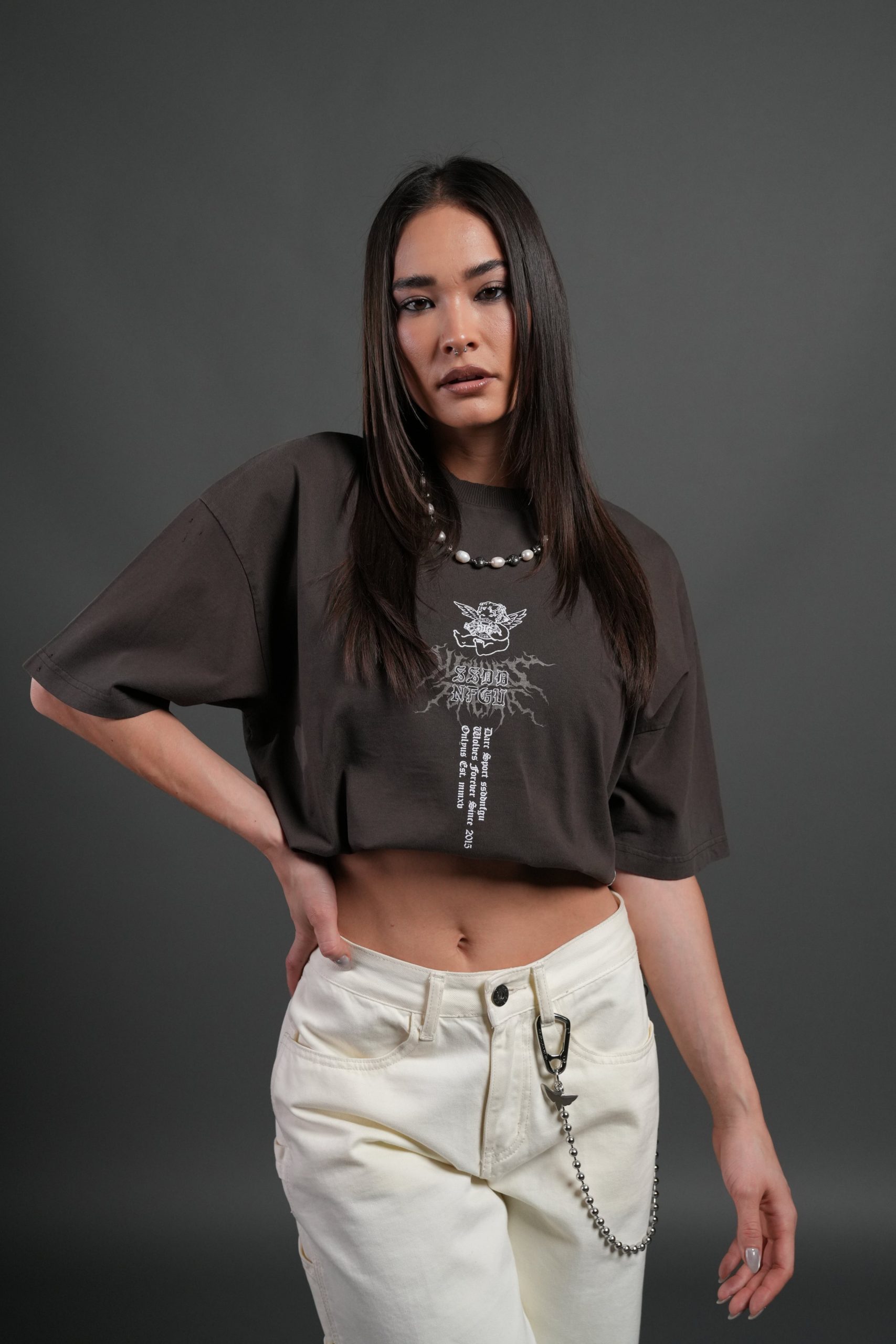 No Weapon Hesh Distressed Grunge Mid Length Raw Hem Tee in Darc Brown Drift Wash - Image 2
