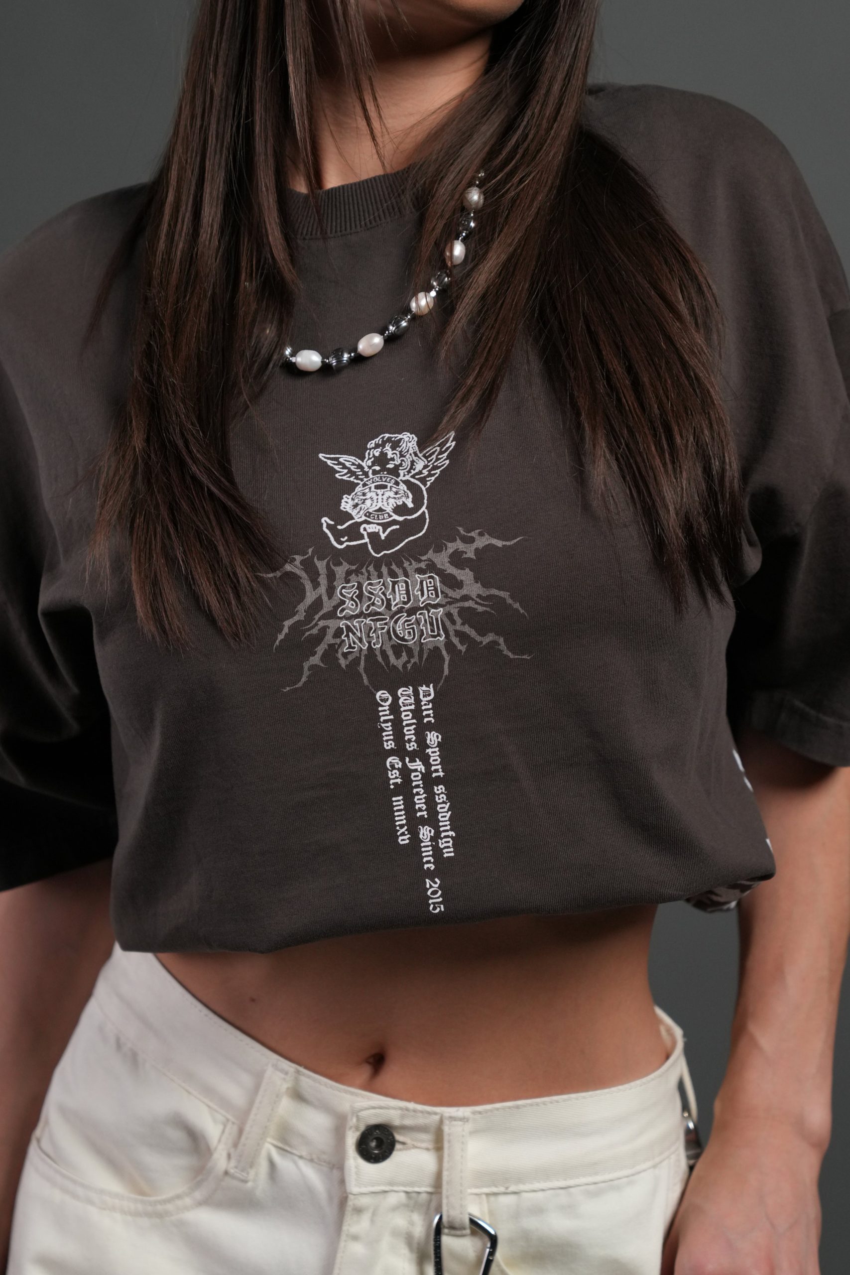 No Weapon Hesh Distressed Grunge Mid Length Raw Hem Tee in Darc Brown Drift Wash - Image 7