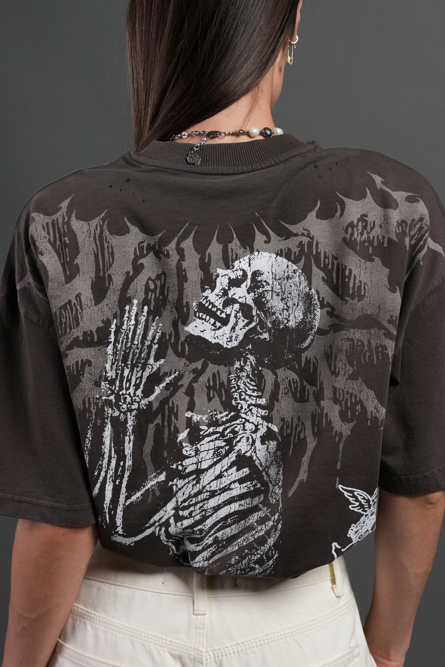 No Weapon Hesh Distressed Grunge Mid Length Raw Hem Tee in Darc Brown Drift Wash - Image 8