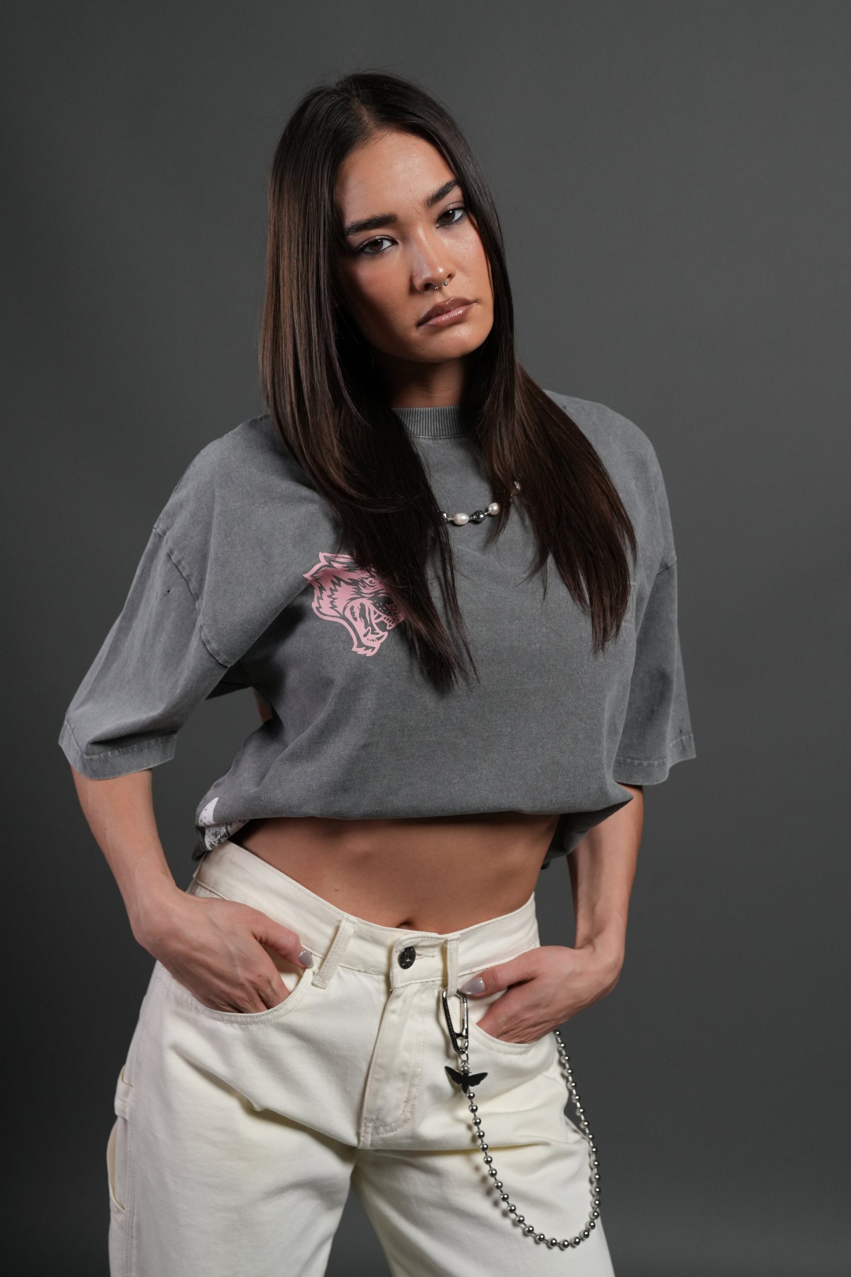 Wolves Valor Distressed Grunge Mid Length Raw Hem Tee in Slate Gray - Image 2