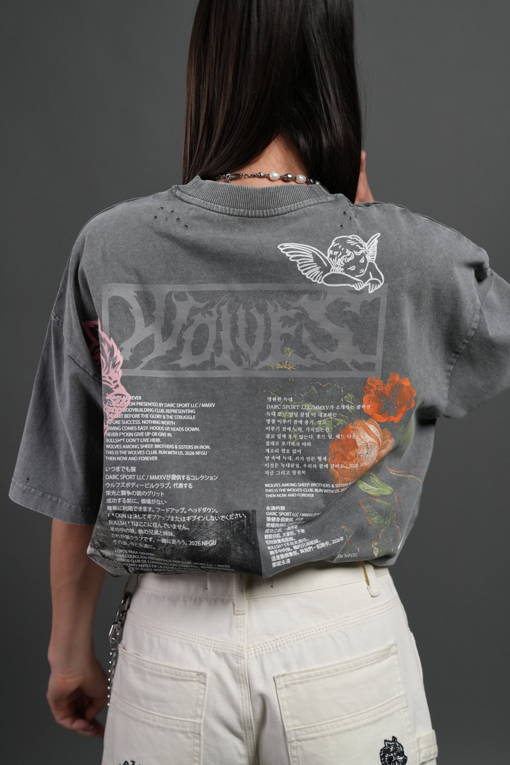 Wolves Valor Distressed Grunge Mid Length Raw Hem Tee in Slate Gray - Image 8