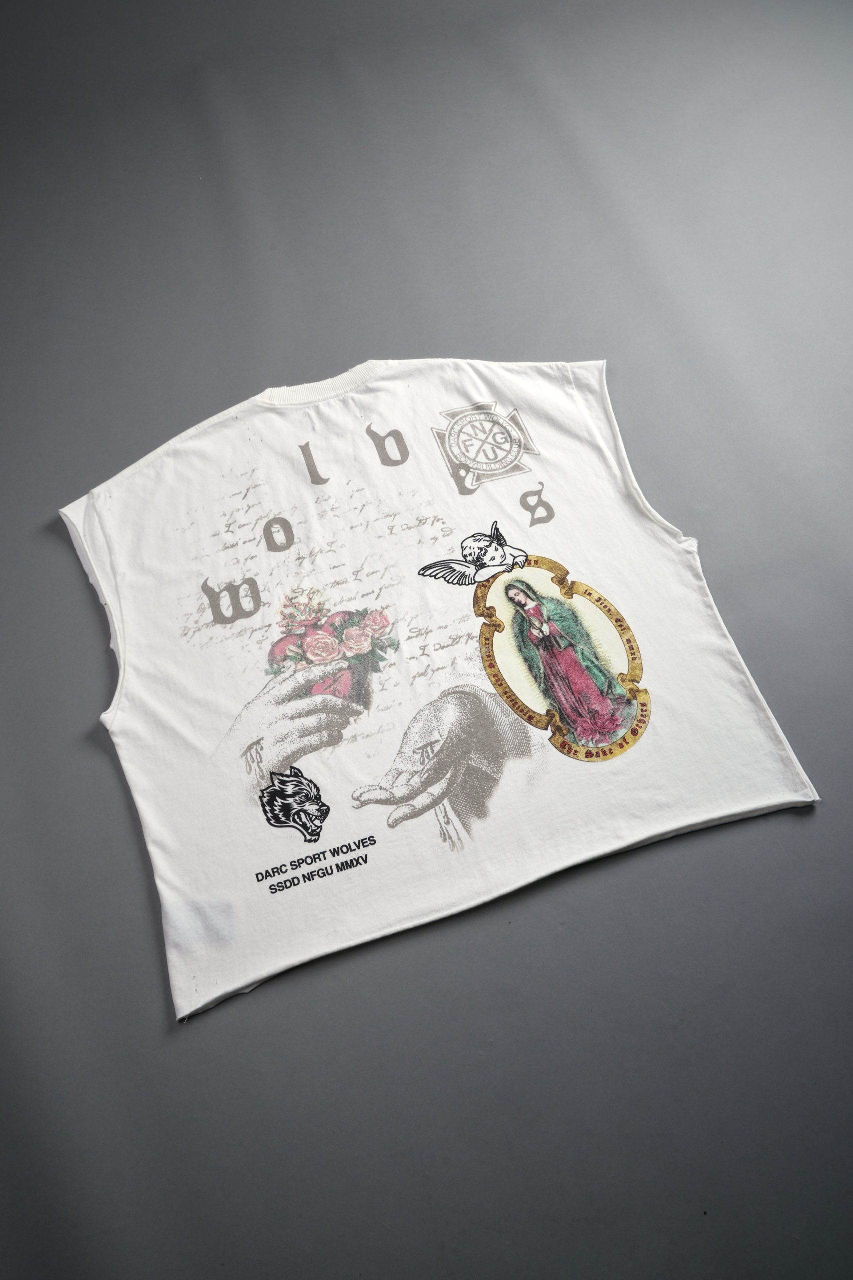 Holy Vow Distressed Grunge Cut-Off Mid-Length Raw Hem Tee in Cream - Image 8