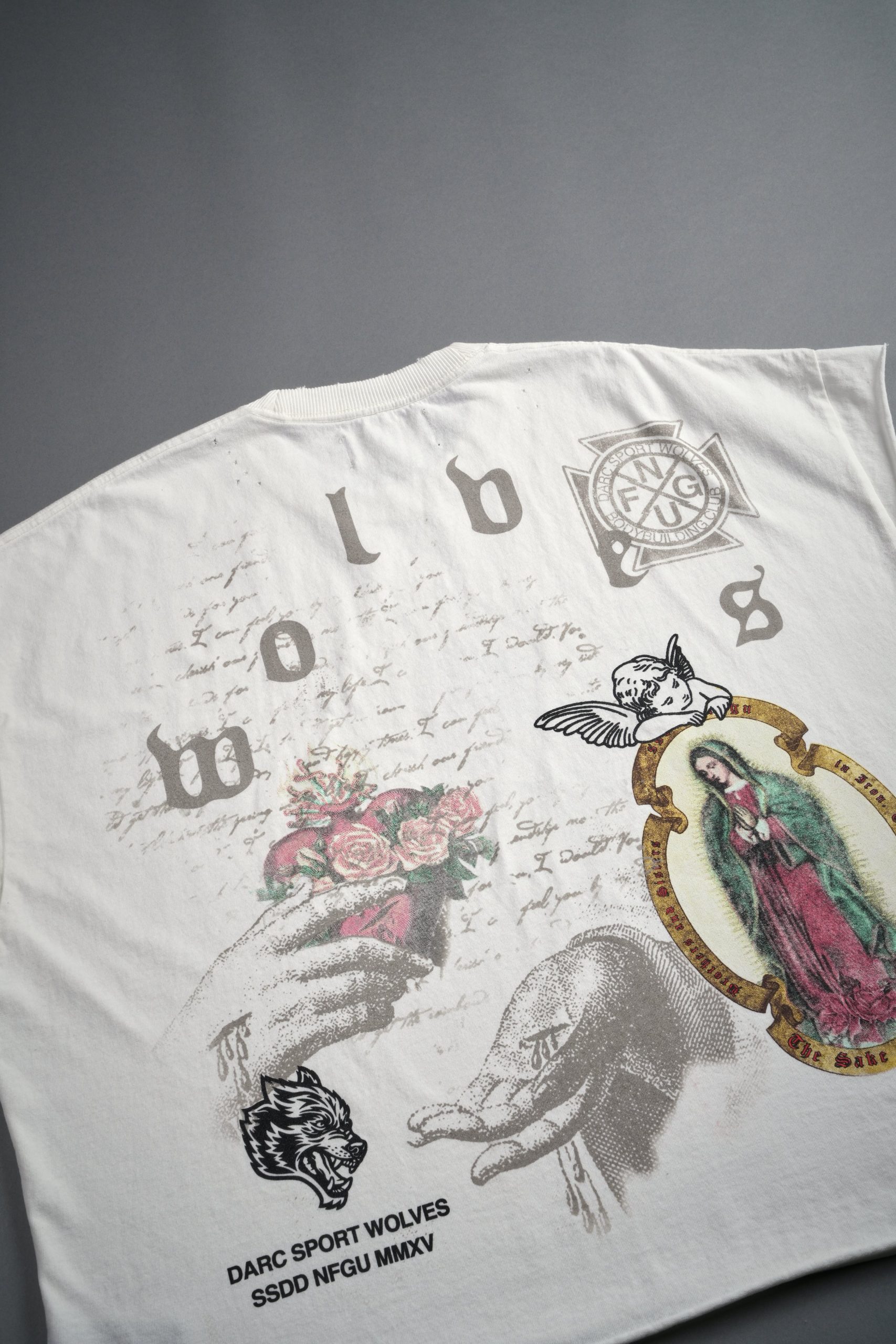 Holy Vow Distressed Grunge Cut-Off Mid-Length Raw Hem Tee in Cream - Image 9