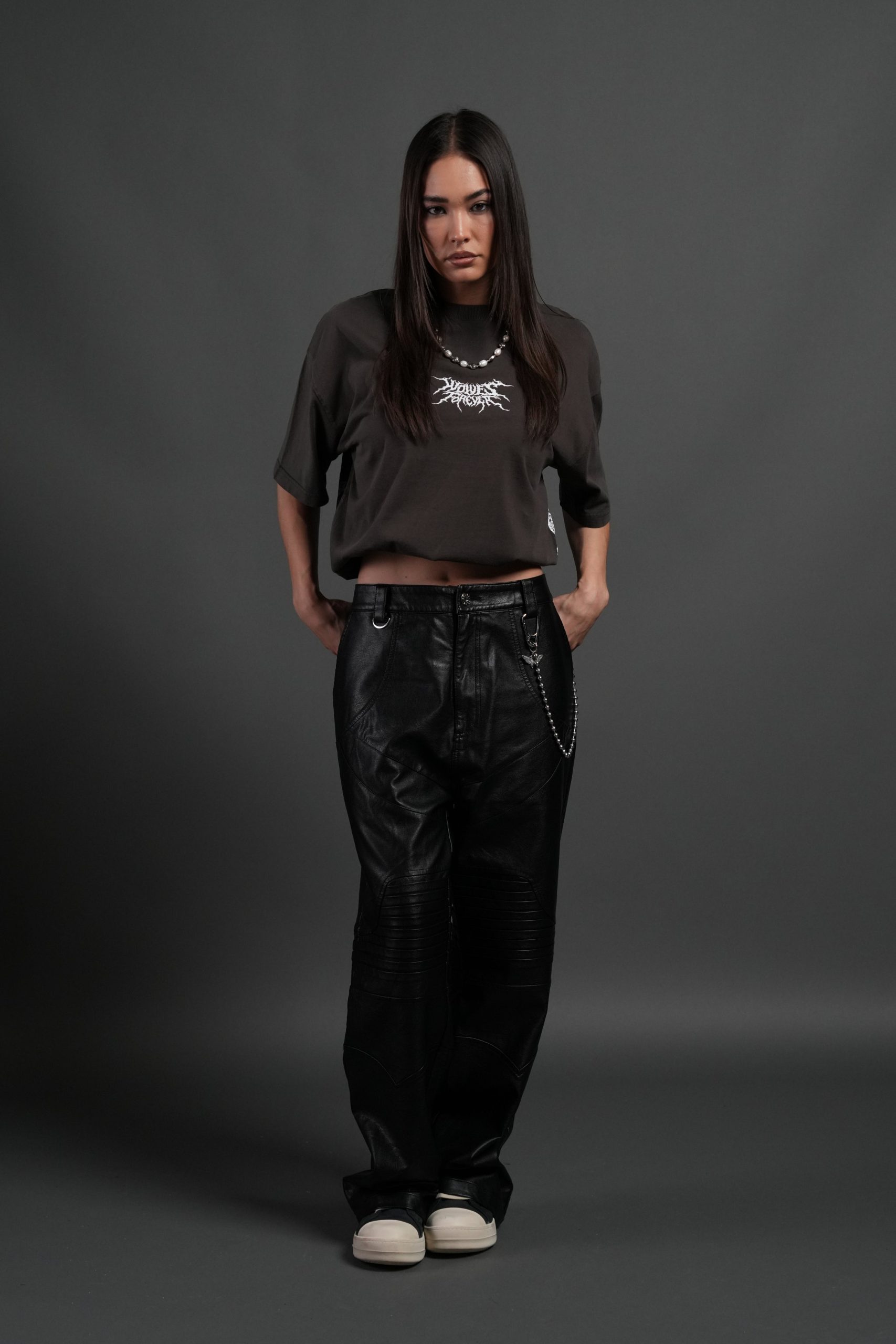 Work In Silence NFGU Grunge Mid Length Raw Hem Tee in Darc Brown Drift Wash - Image 6