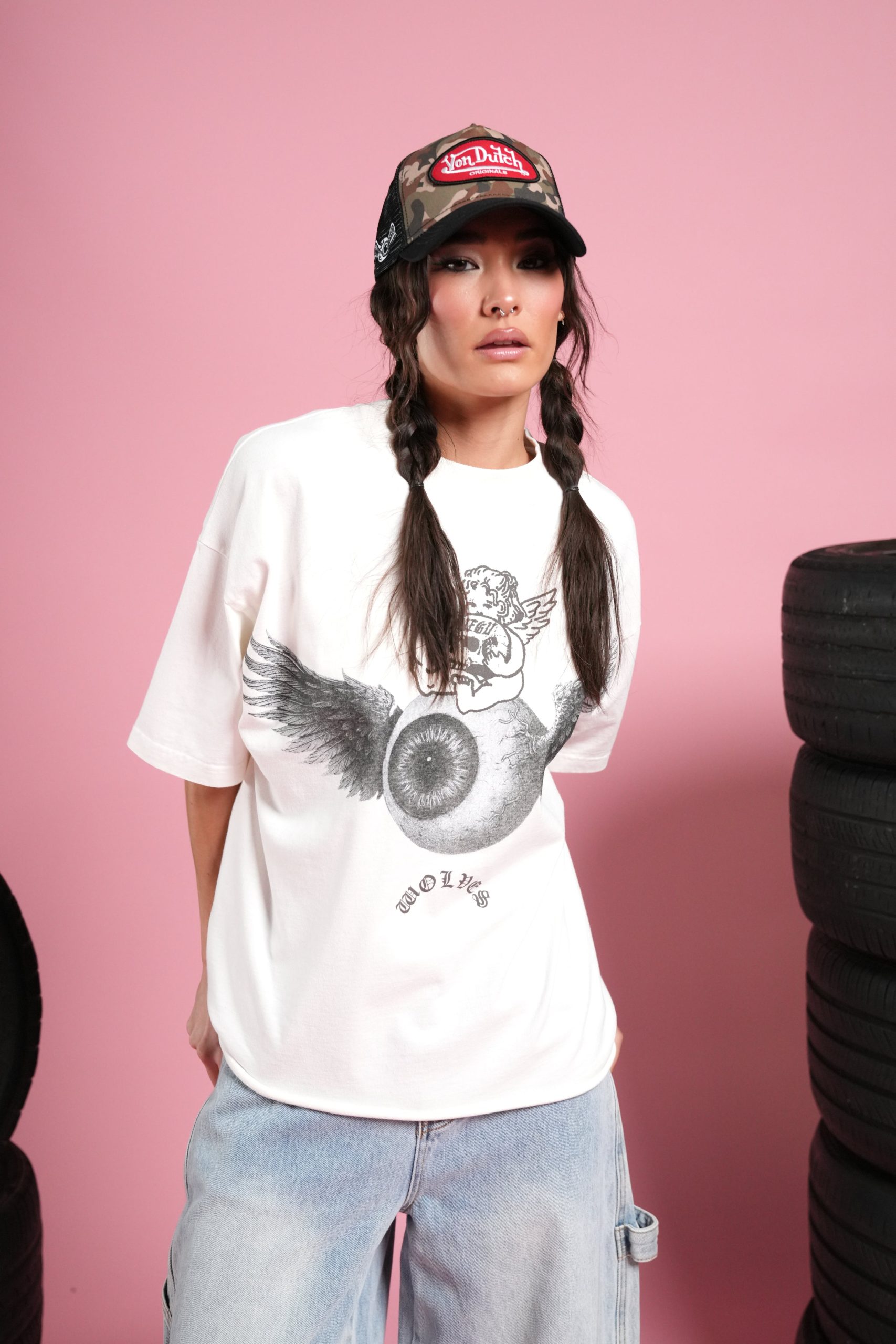 Flight Club V2 Grunge Mid Length Raw Hem Tee in Cream - Image 9