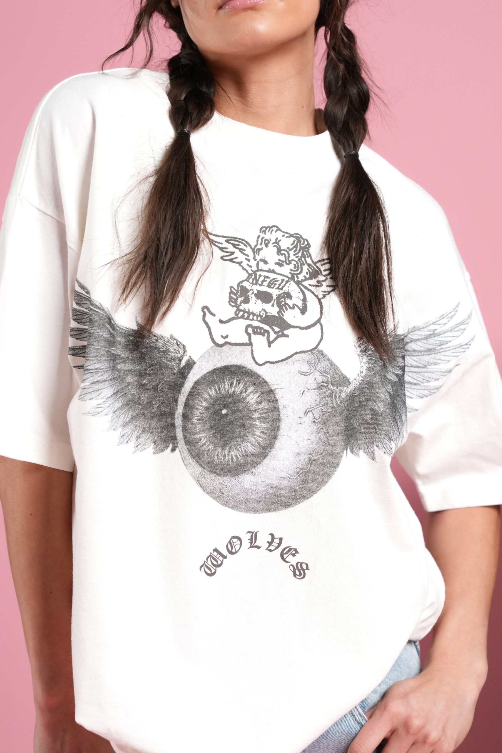 Flight Club V2 Grunge Mid Length Raw Hem Tee in Cream - Image 13