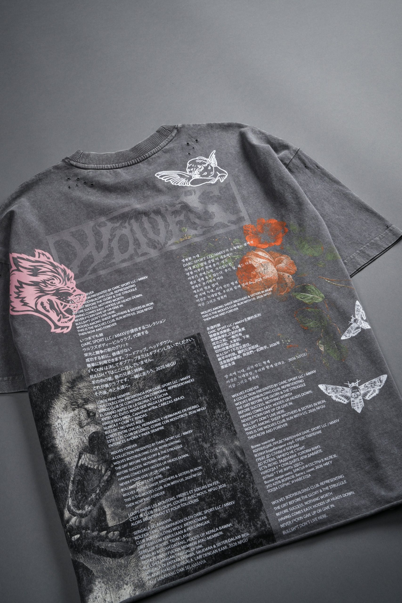Wolves Valor Distressed Grunge Mid Length Raw Hem Tee in Slate Gray - Image 11