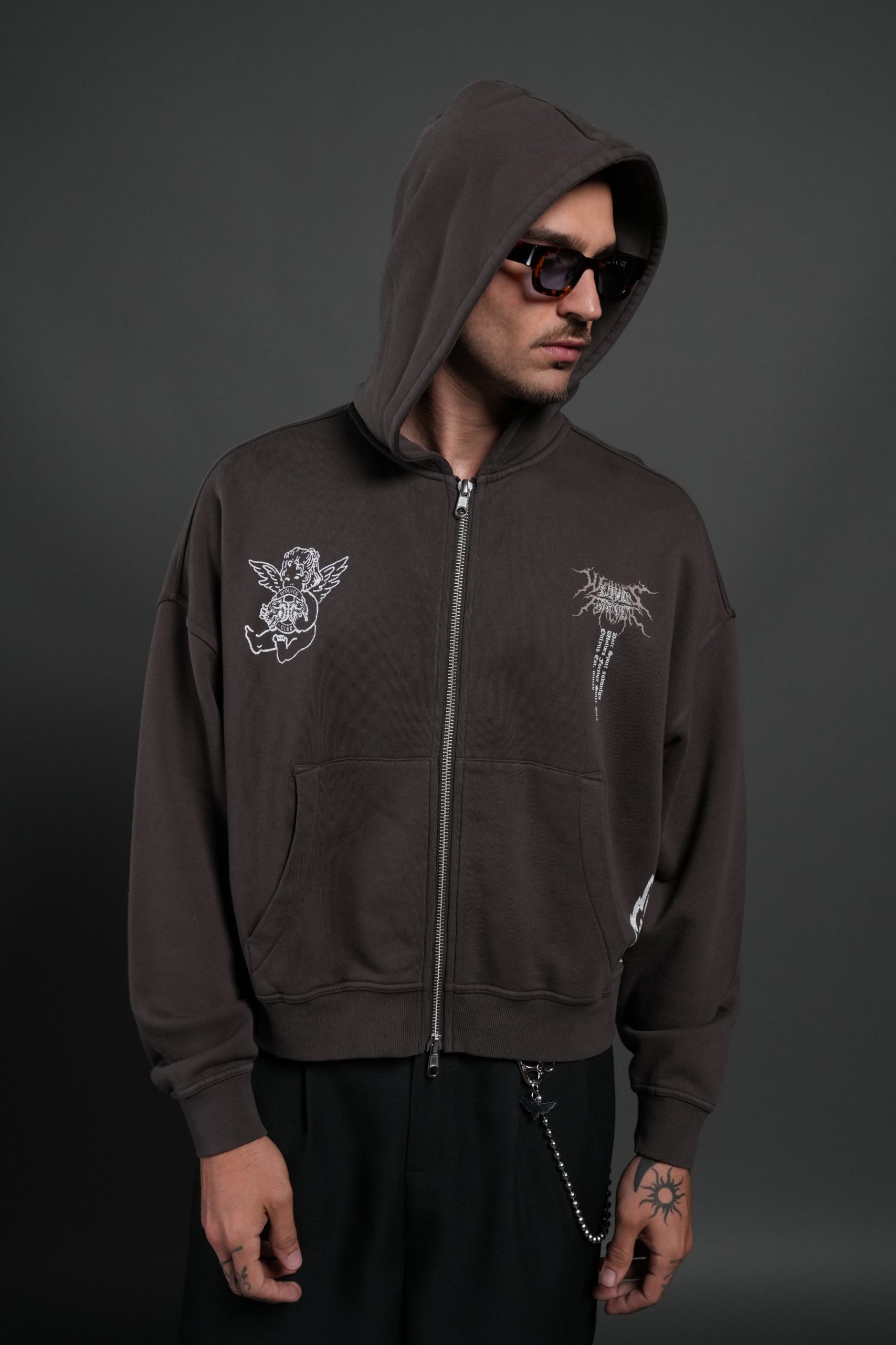 No Weapon Hesh Vex Double Zip Hoodie in Darc Brown - Image 2