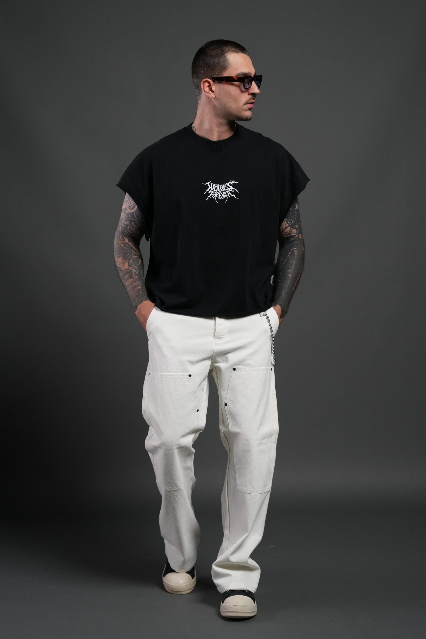 Work In Silence NFGU Grunge Cut-Off Mid Length Raw Hem Tee in Black - Image 5