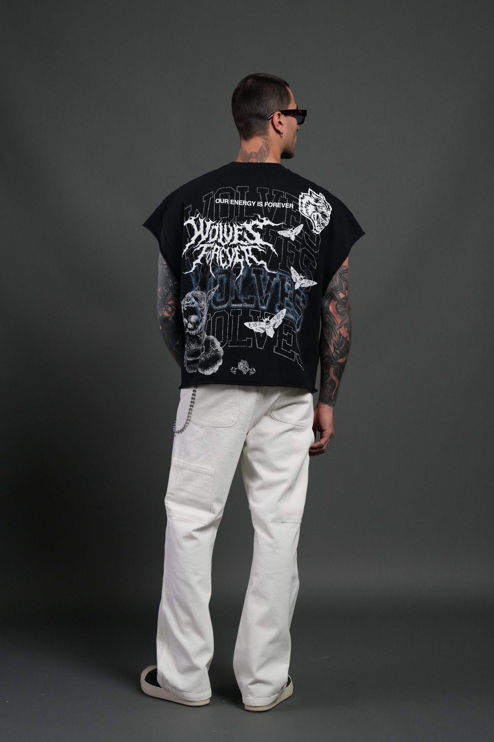 Work In Silence NFGU Grunge Cut-Off Mid Length Raw Hem Tee in Black - Image 6