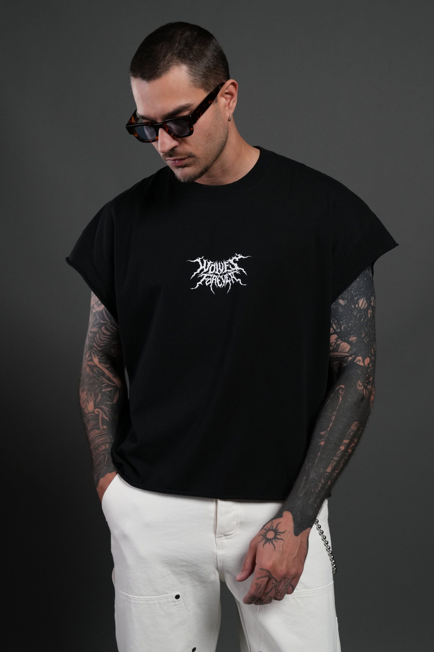 Work In Silence NFGU Grunge Cut-Off Mid Length Raw Hem Tee in Black - Image 2