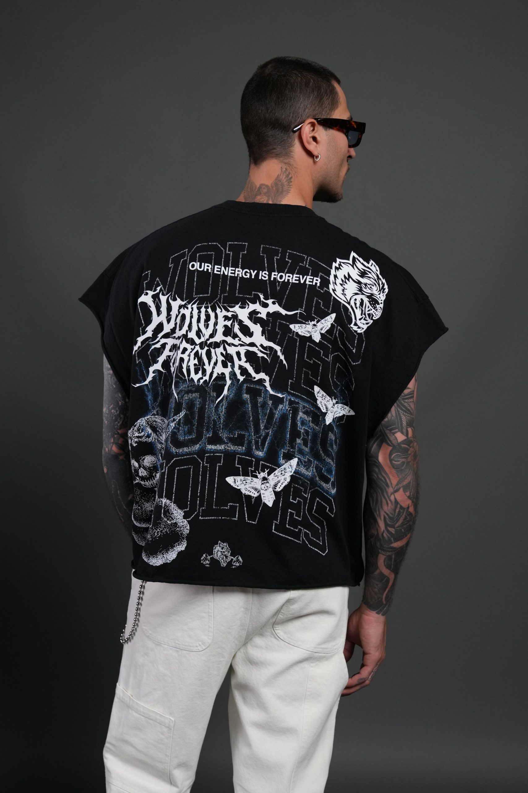 Work In Silence NFGU Grunge Cut-Off Mid Length Raw Hem Tee in Black - Image 4