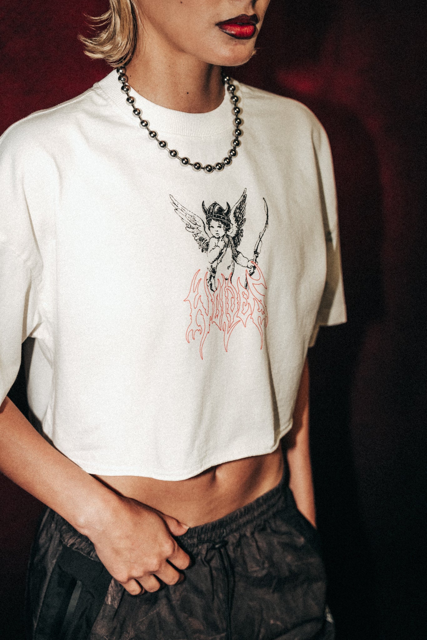 Viking Cherub Grunge Oversized (Cropped) Tee in Cream